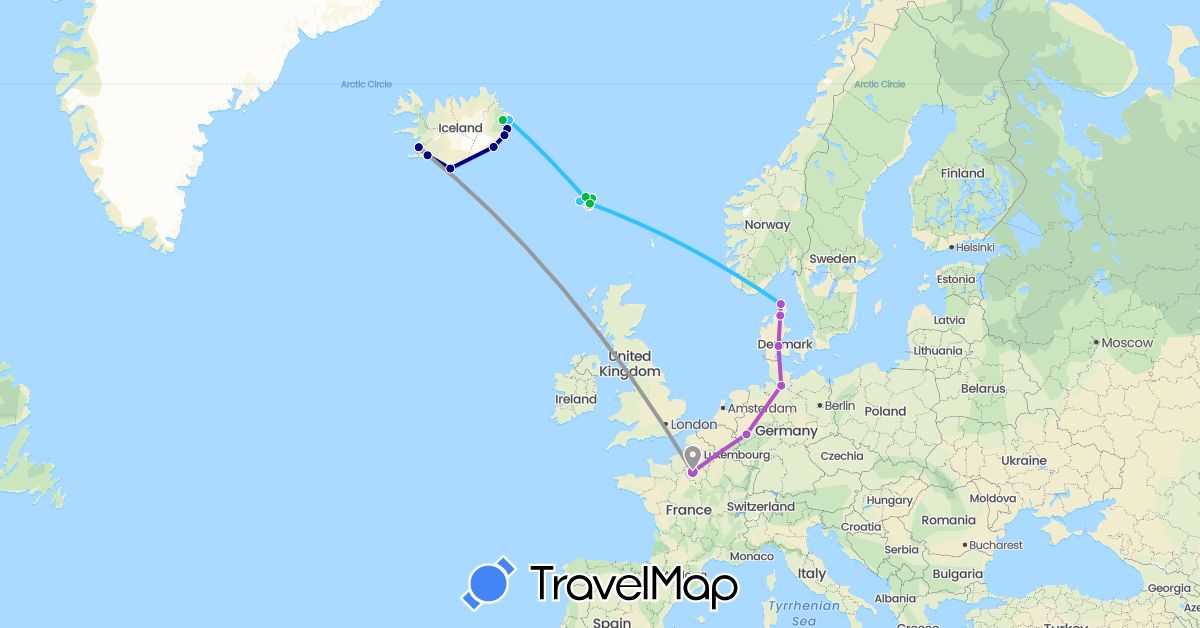 TravelMap itinerary: driving, bus, plane, train, hiking, boat in Germany, Denmark, Faroe Islands, France, Iceland (Europe)